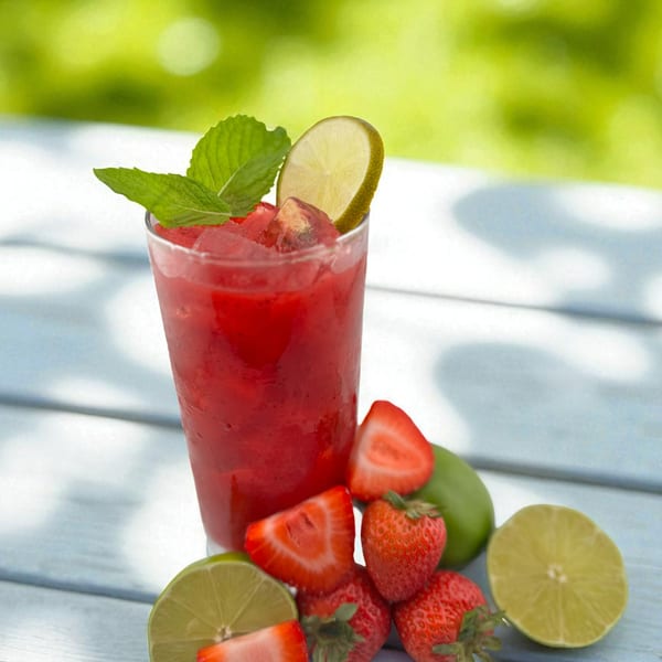 A vibrant red strawberry smoothie with mint and lime on a light blue wooden table.
