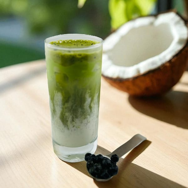 Matcha drink with boba pearls in a spoon and a coconut half on a wooden table.