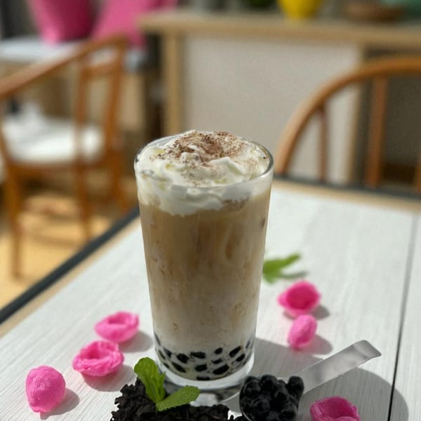 Iced Vietnamese coffee with whipped cream and boba, garnished with mint and pink candies.