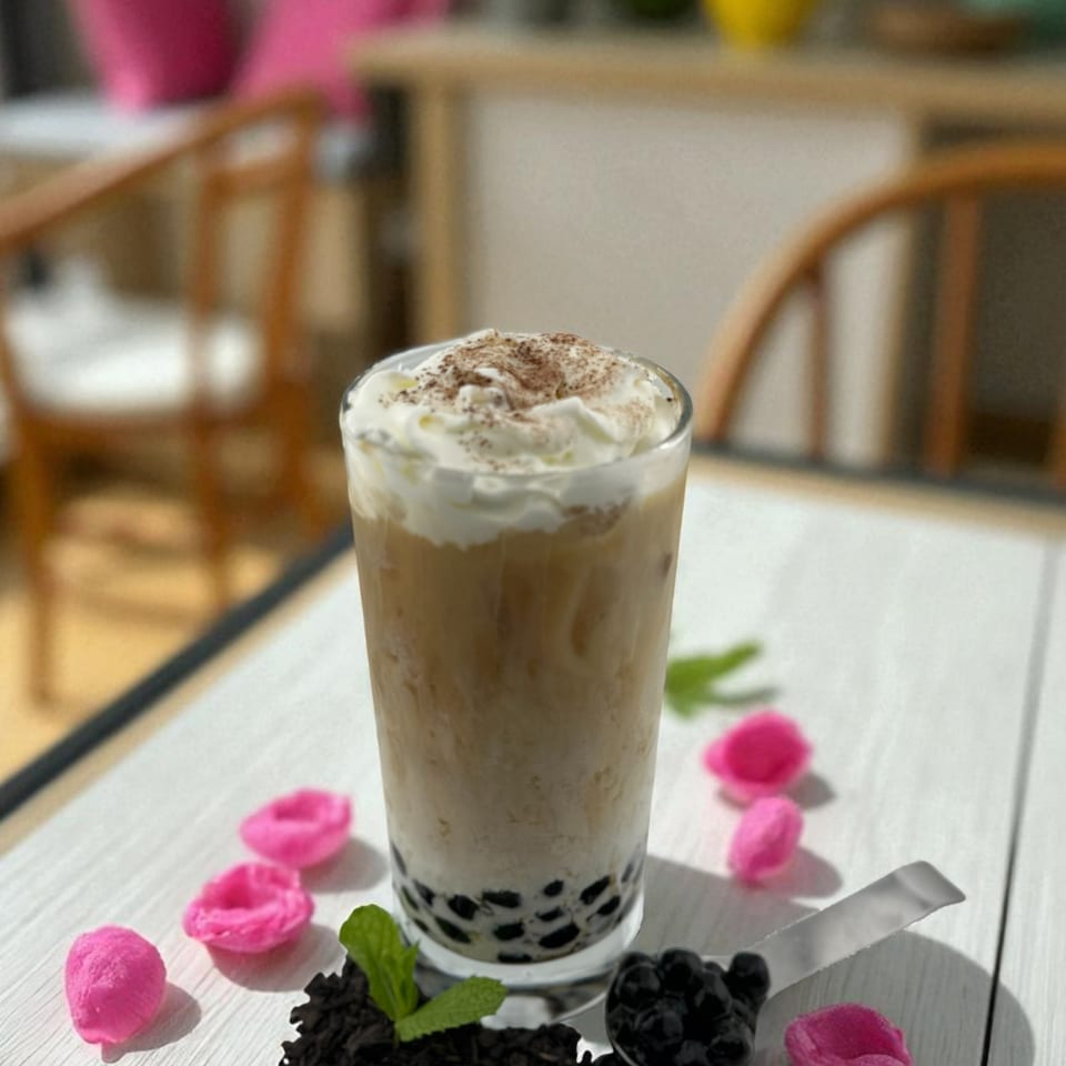 Iced Vietnamese coffee with whipped cream and boba, garnished with mint and pink candies.